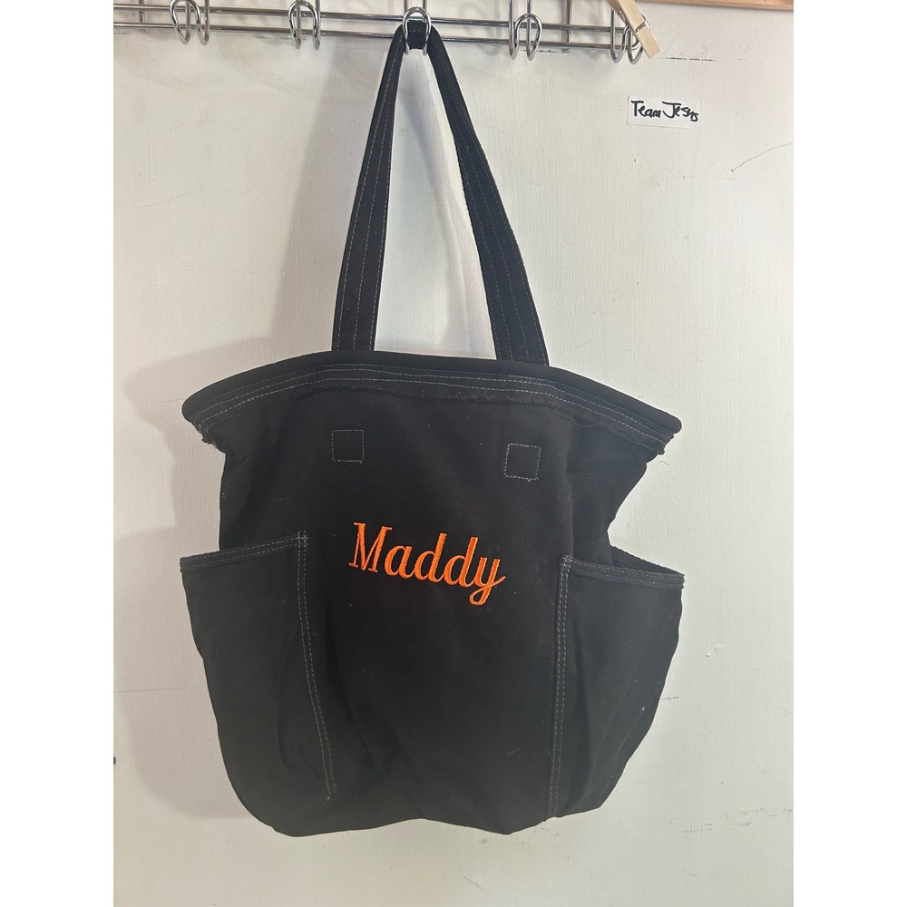 Thirty-One Retro Metro Tote Bag Large Black Canvas Maddy Embroidered Women